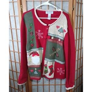 Heirloom Collectibles Christmas Cardigan L Patchwork Santa Stockings Trees
